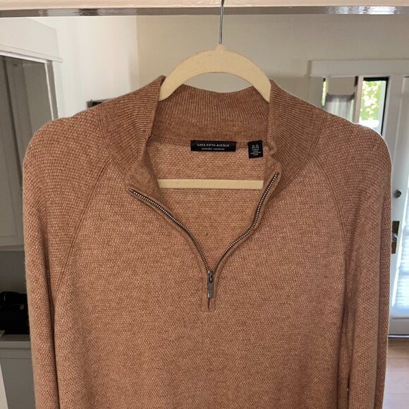 Moth-Holed Saks Fifth Avenue Men's Cashmere 1/4 Zip Sweater XXL (Camel Heat) - Picture 1 of 5